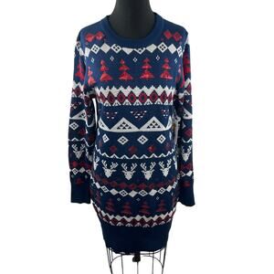TIPSY ELVES Blue Red White Sweater Dress Knit Sequin Fair Isle Size Large L NEW